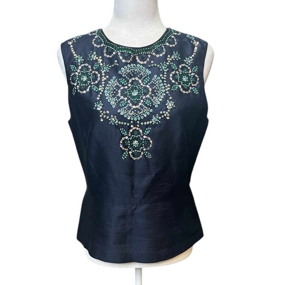 Tory Burch Navy Embellished Sequined and Beaded Silk Blouse